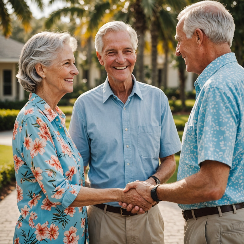 Retirement Planning 2 Smiling retired couple shaking hands with a friend outside their Florida home