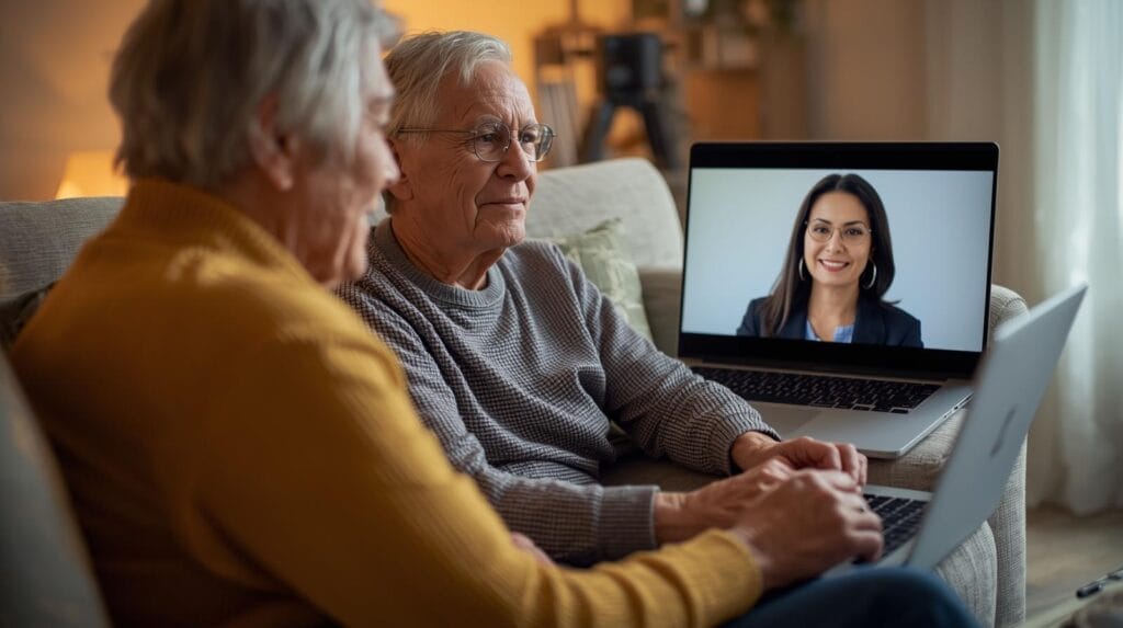Older couple on their living room couch receiving financial and tax planning help over a video call.