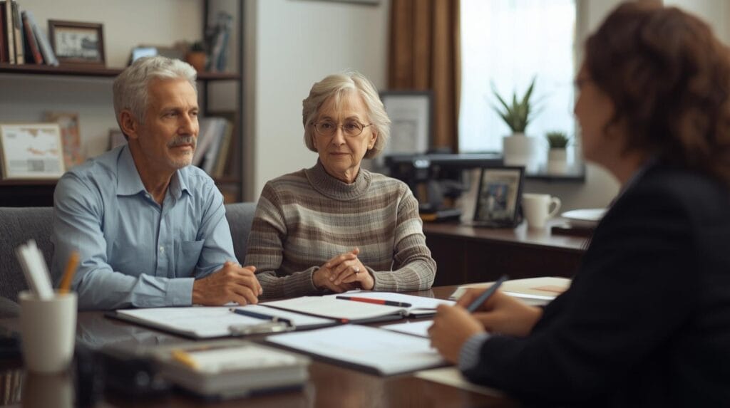 Financial Services 2 Older couple meeting with a CPA, looking relaxed and confident while discussing taxes.