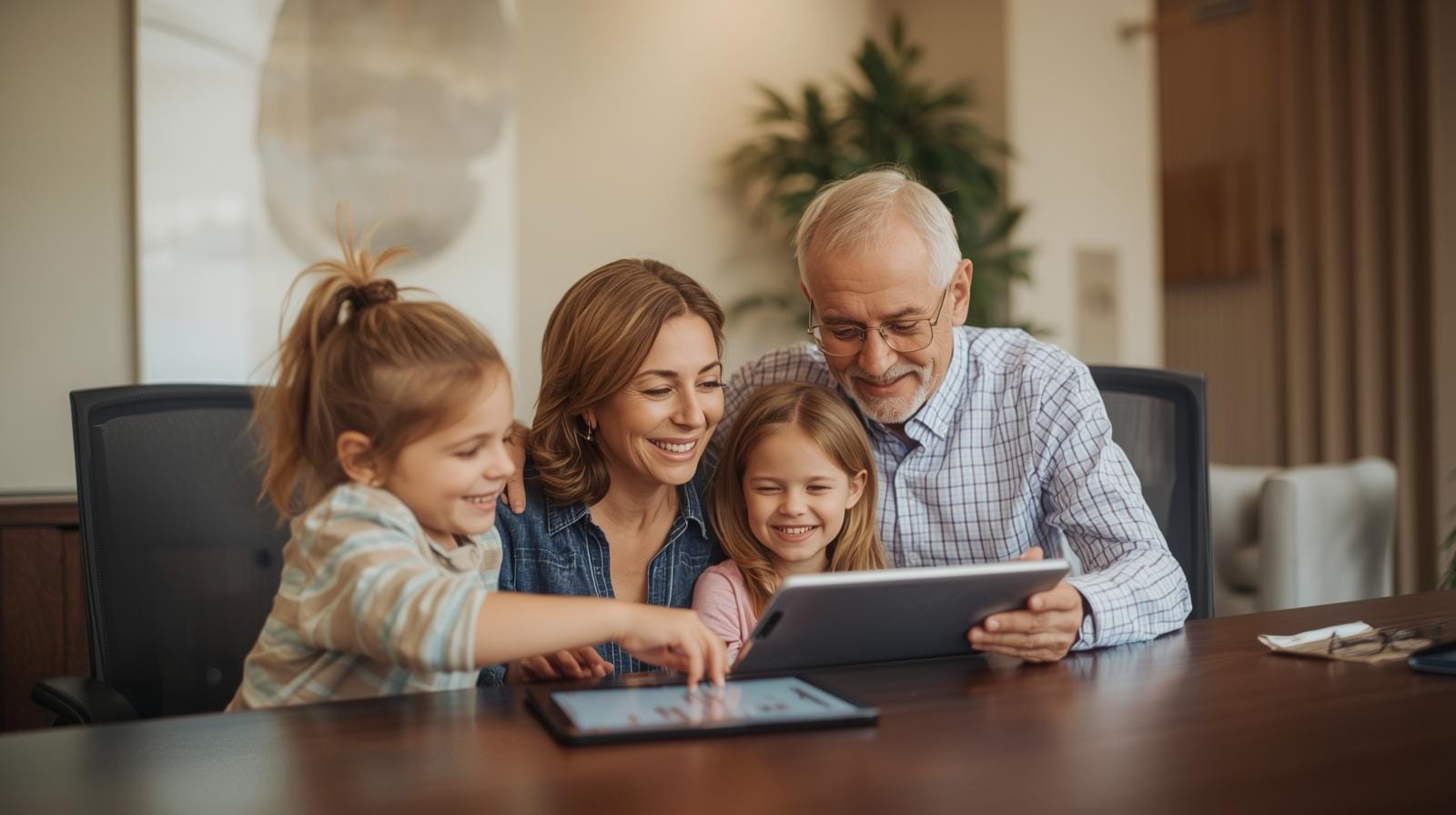 Home 9 Grandfather, mother and two young granddaughters looking at a tablet together during a family estate planning meeting