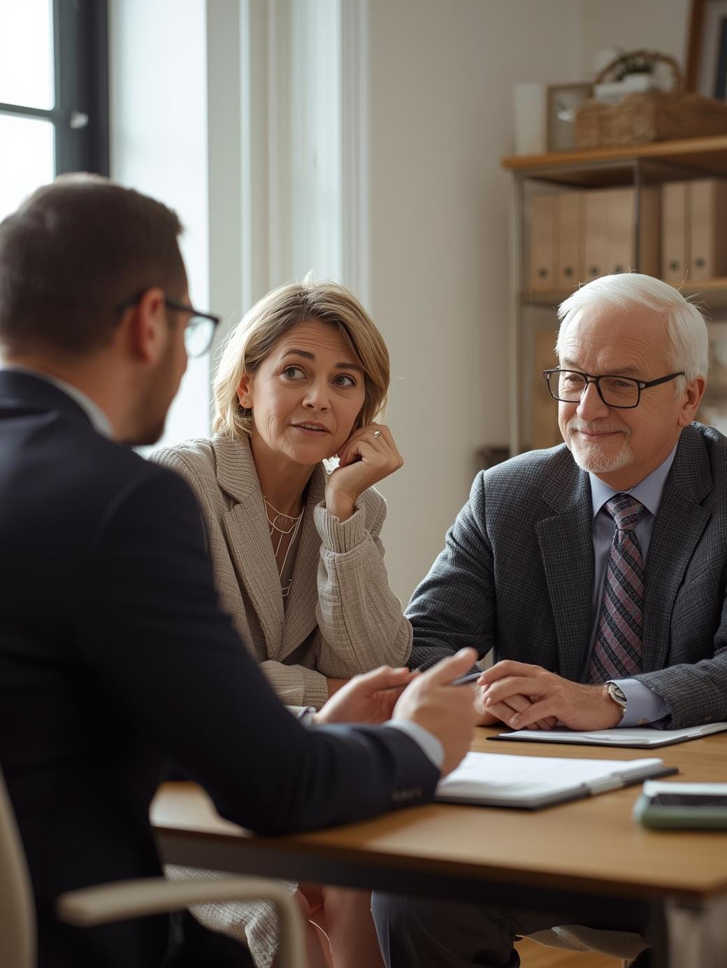 Financial advisor sitting with a retired couple in an office, reviewing estate planning documents together.