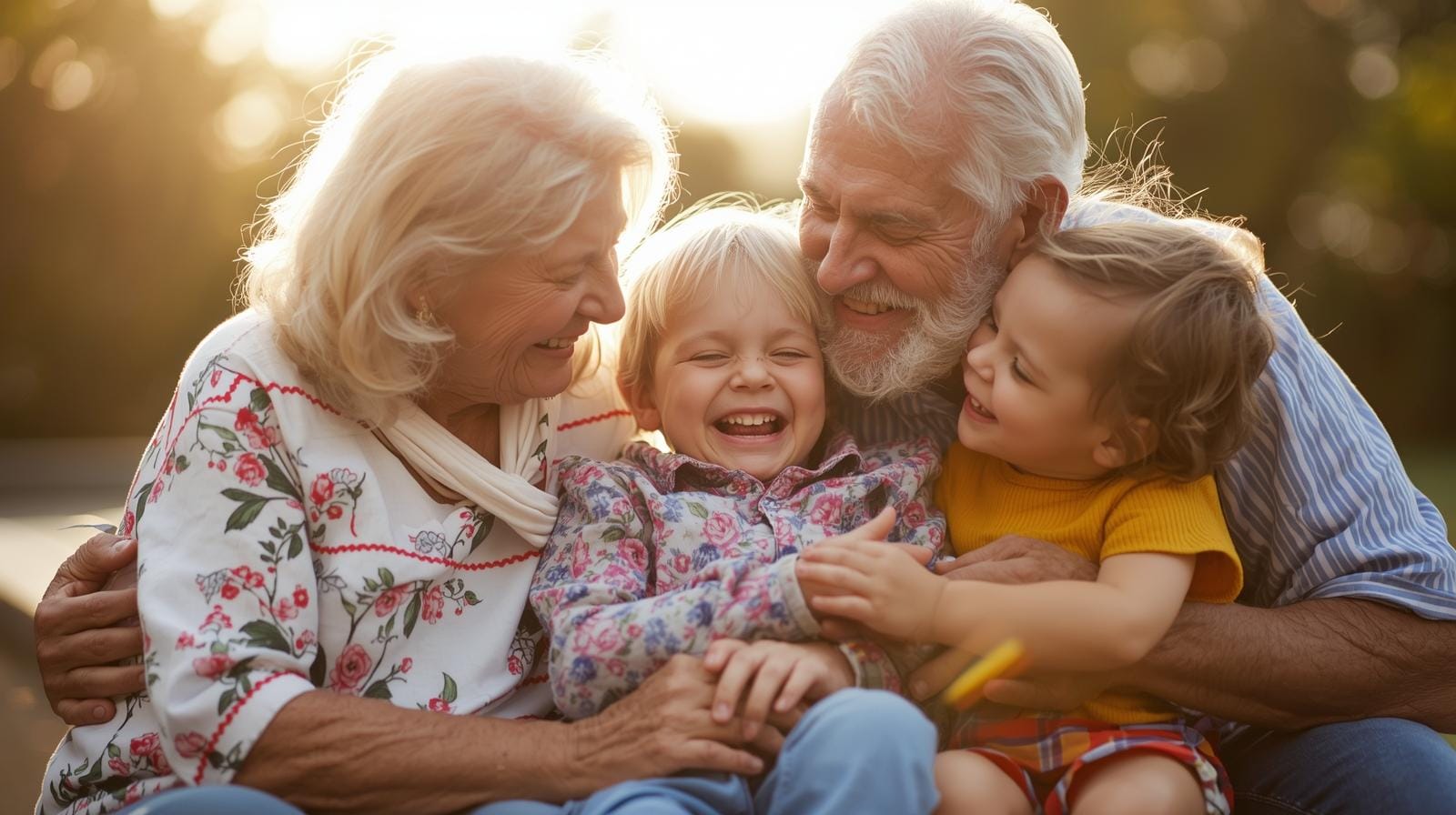 Grandmother and grandfather sitting outdoors with their grandchildren on a sunny day, all laughing and smiling together.