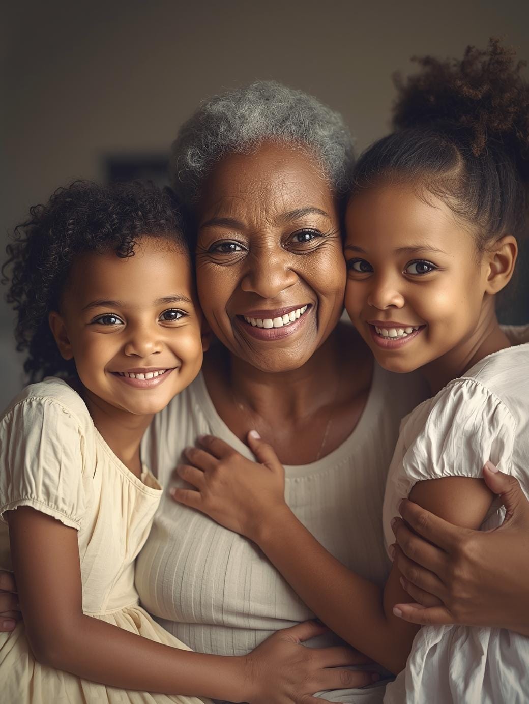 Smiling grandmother sitting with her two grandchildren.
