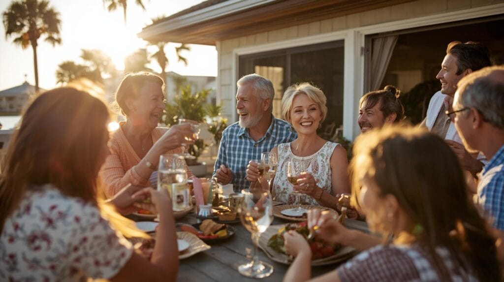 Retirement Planning in Tampa, FL 2 Happy older couple hosting family dinner outdoors at their Florida waterfront home, everyone smiling and enjoying retirement together.