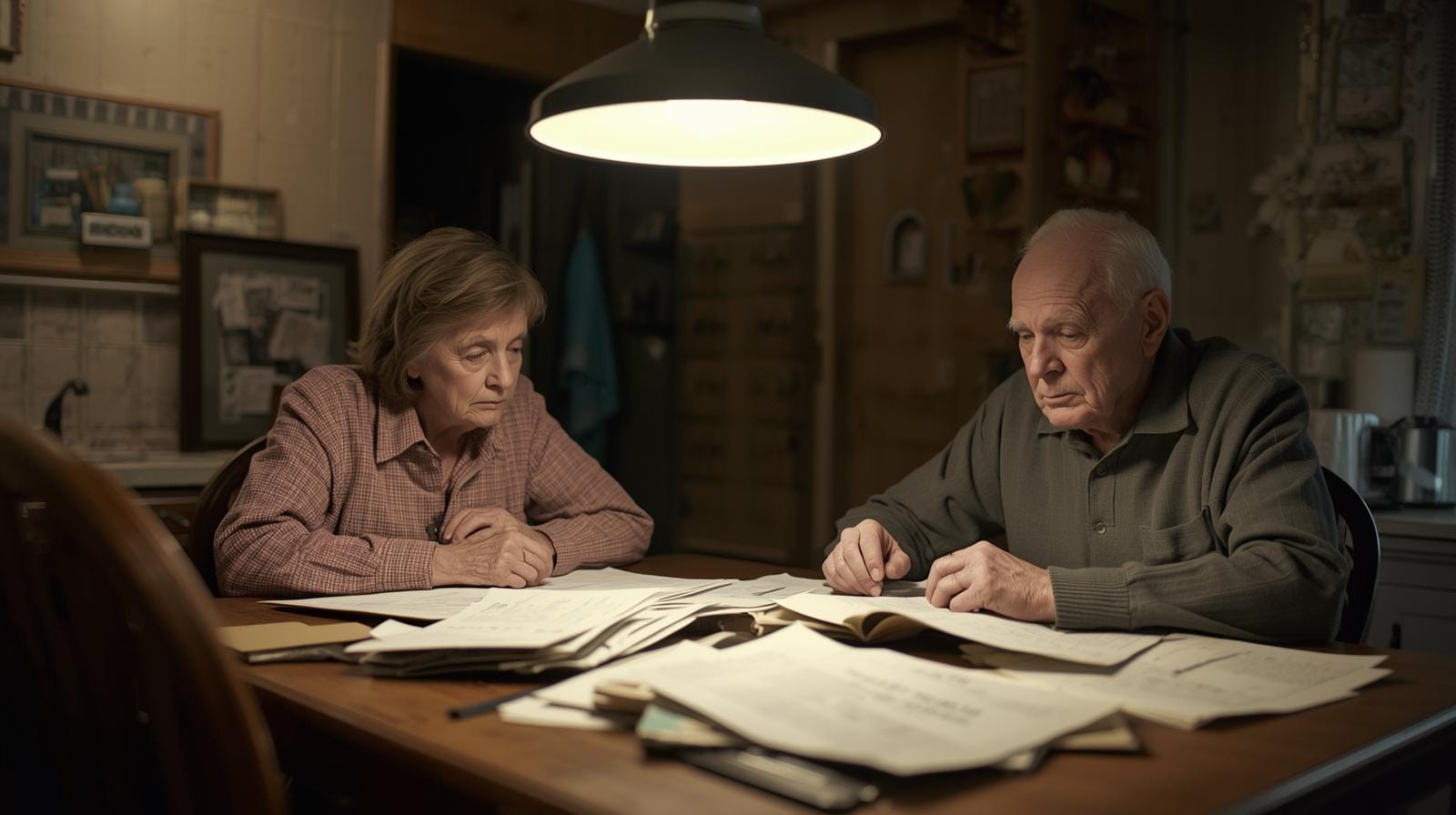 Home 3 Older retired couple sitting at a table looking stressed while reviewing tax documents and bills.