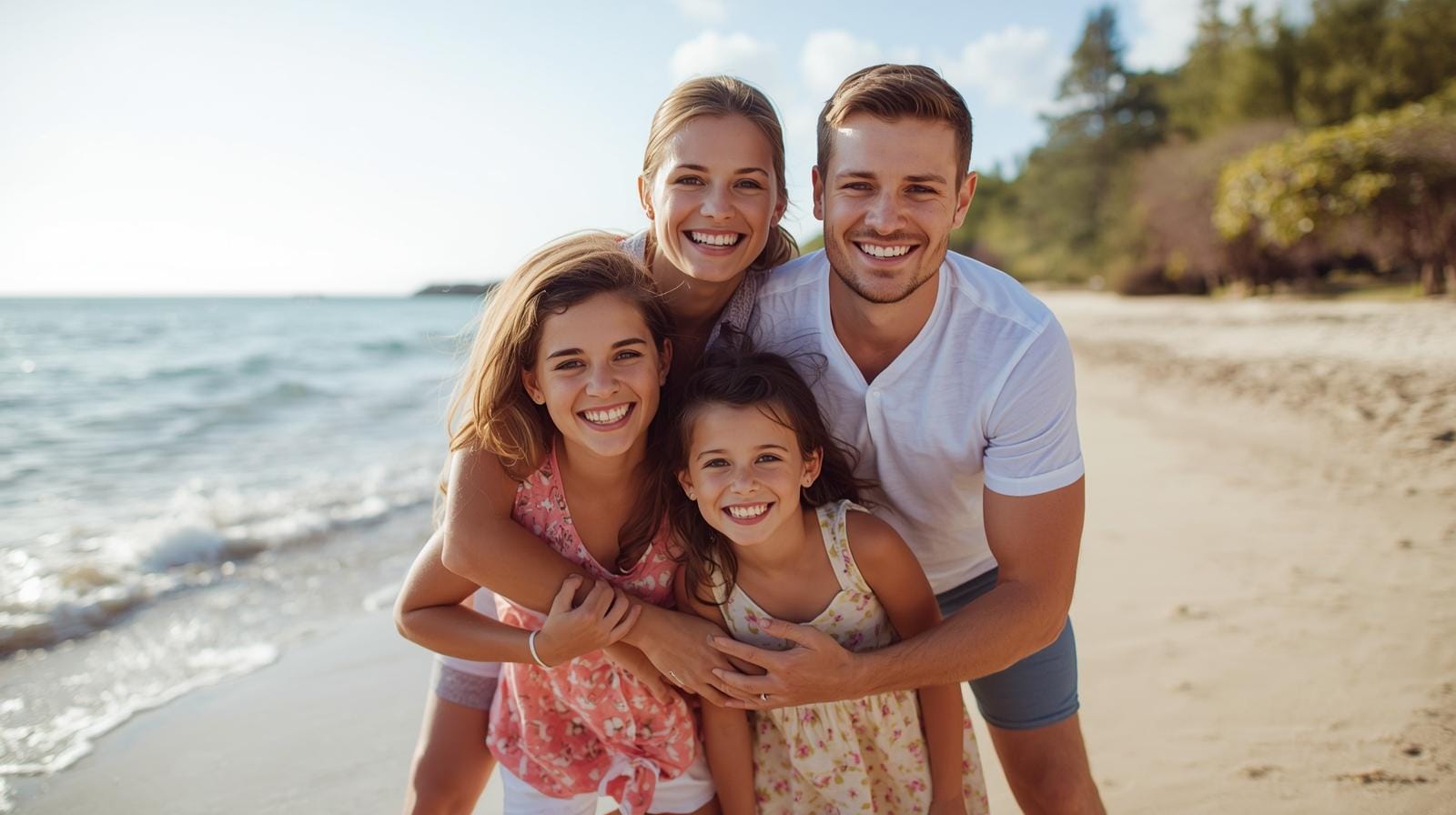 Happy young family smiling and playing together on a sunny beach day.