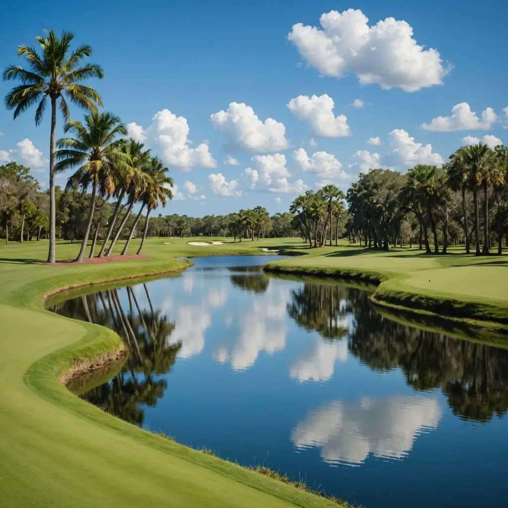 Palm trees reflected in a pond on a Central Florida golf course