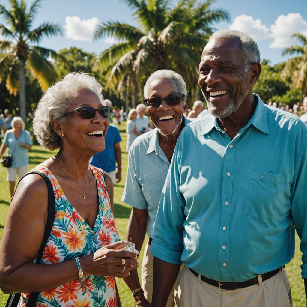 Three retirees enjoying a sunny Florida park, laughing together