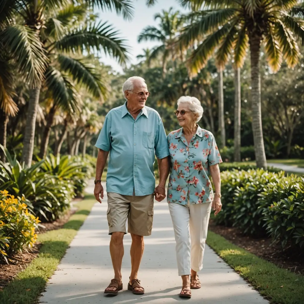 Retired couple walking together on a palm-lined path in a park