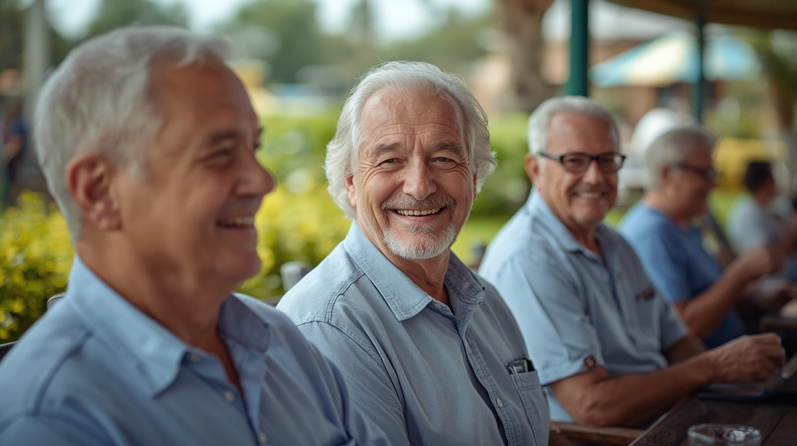 Smiling retirees in their late 60s to early 70s relaxing outdoors on a sunny Orlando day.