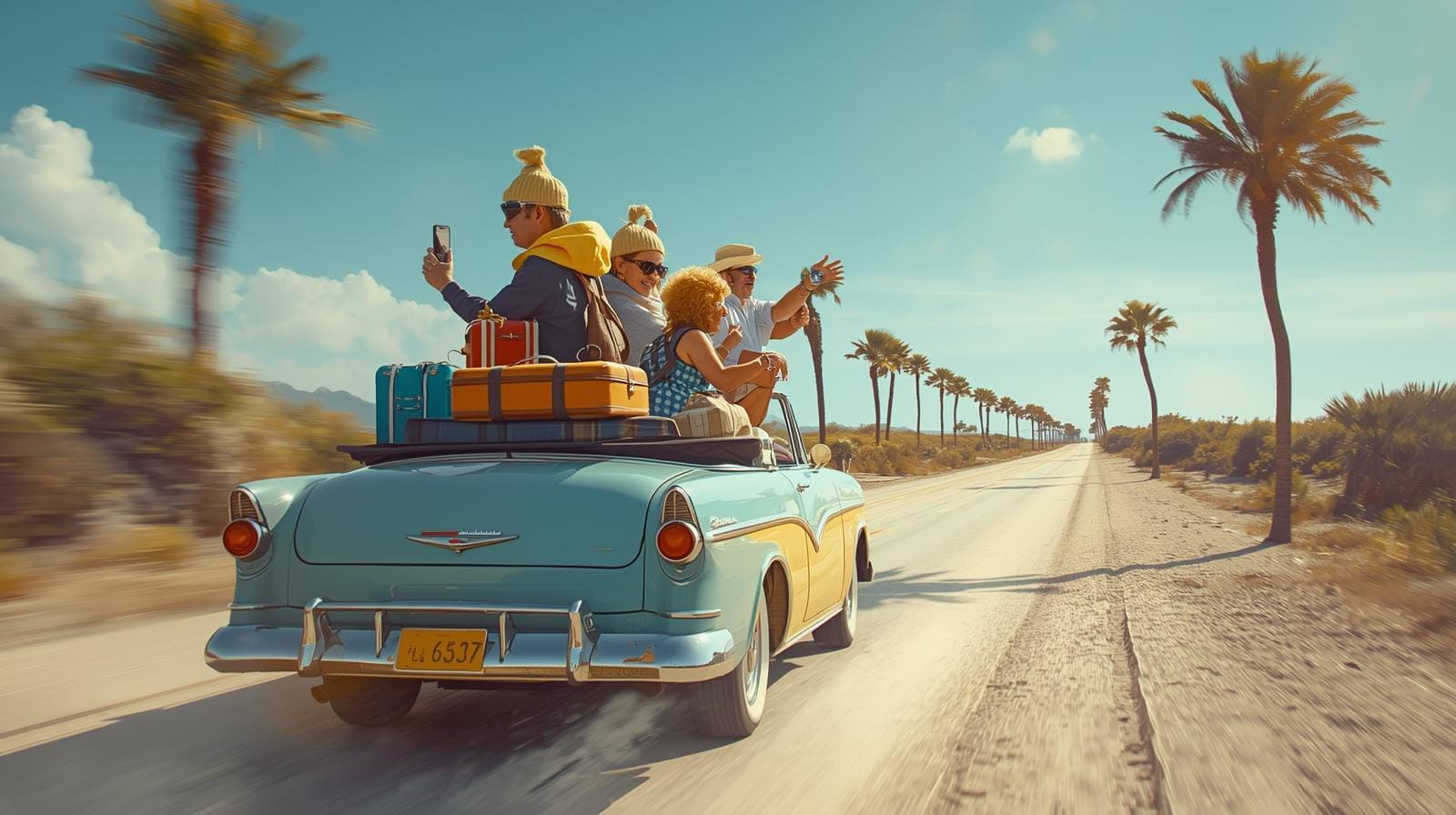 Four joyful snowbirds in their 60s riding in a classic convertible on a sunny Florida road trip.