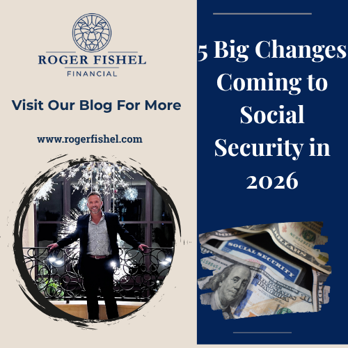 Image collage featuring a well‑dressed businessman on a balcony, U.S. currency and a Social Security card, and text promoting “5 social security benefit changes in 2026.