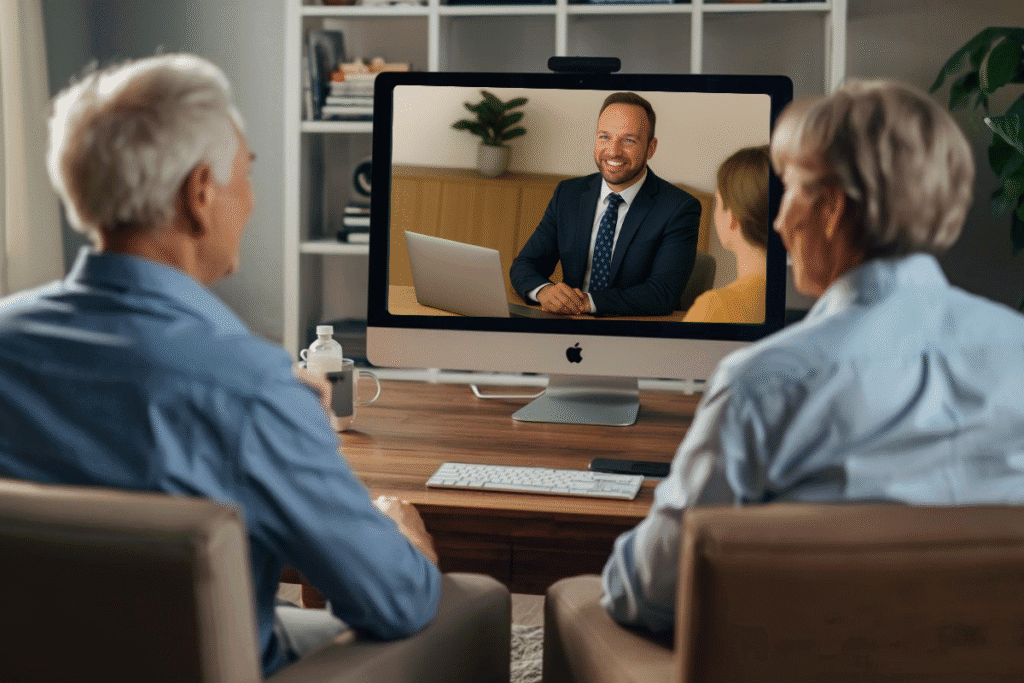 Roger Fishel providing a virtual financial planning consultation to clients on their computer screen.