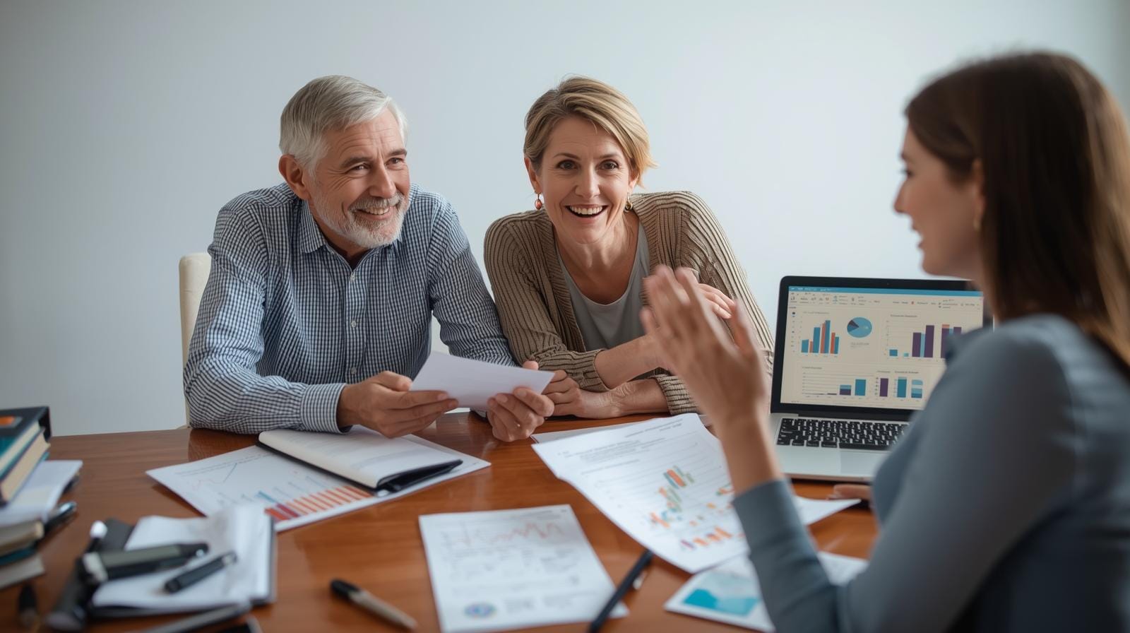 Retired couple meeting with a financial planner at the advisor’s office to review their comprehensive financial plan.
