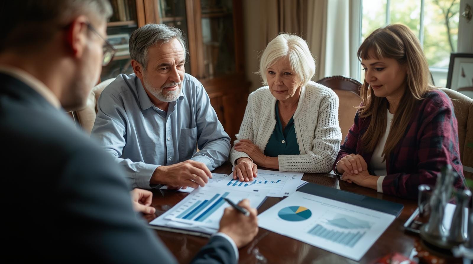 Retired Florida couple meeting with a financial advisor to create a comprehensive financial plan.