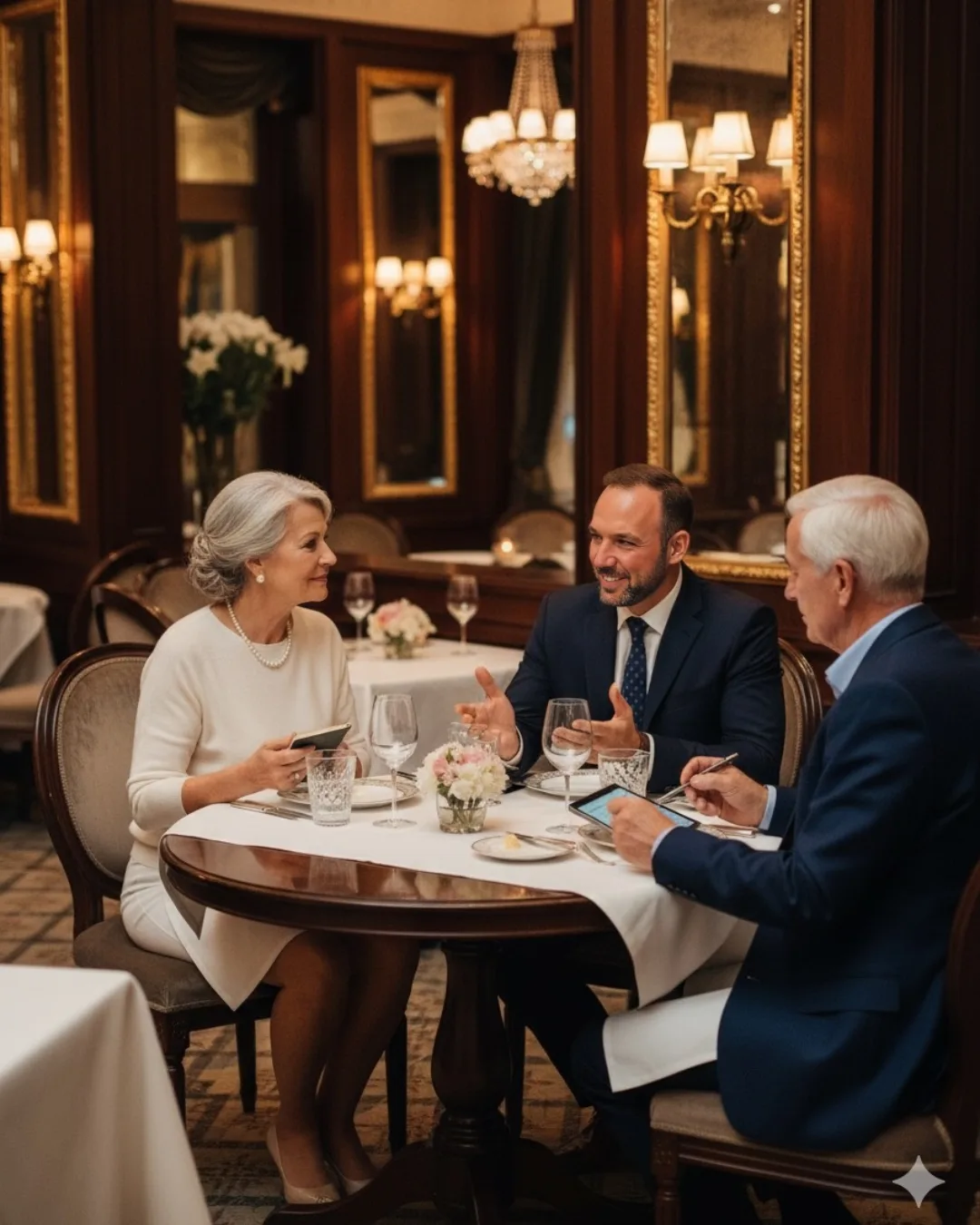 Financial advisor Roger Fishel meeting with a mature couple in an elegant dining room, discussing retirement planning over drinks.