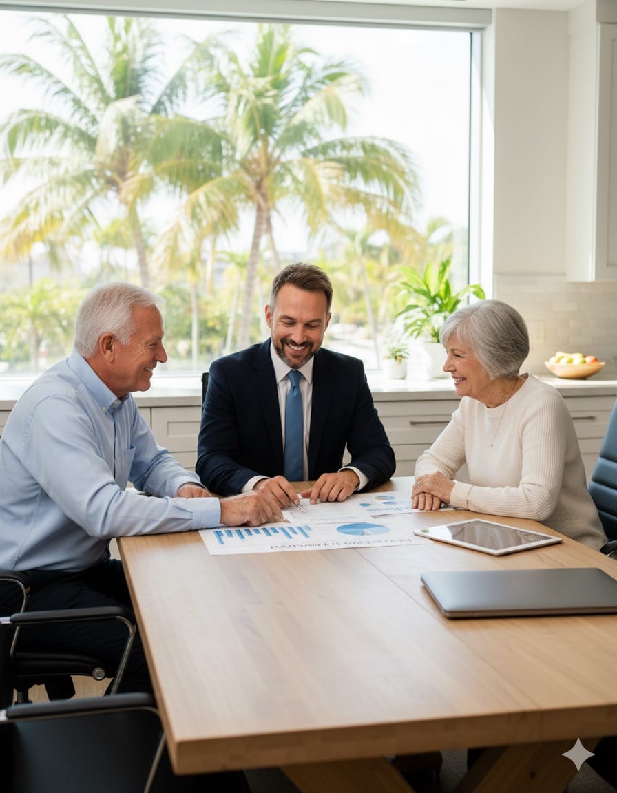 Roger Fishel meeting with retired clients in Florida to review a personalized financial plan using the P3 Method.