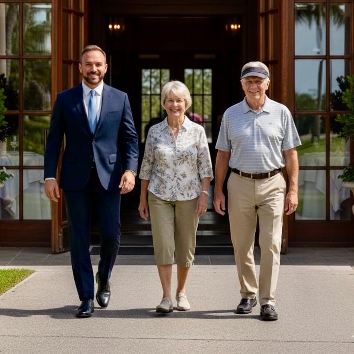 Roger Fishel walking alongside two retired clients outside a clubhouse on a sunny day, symbolizing partnership, trust, and lifelong financial guidance.