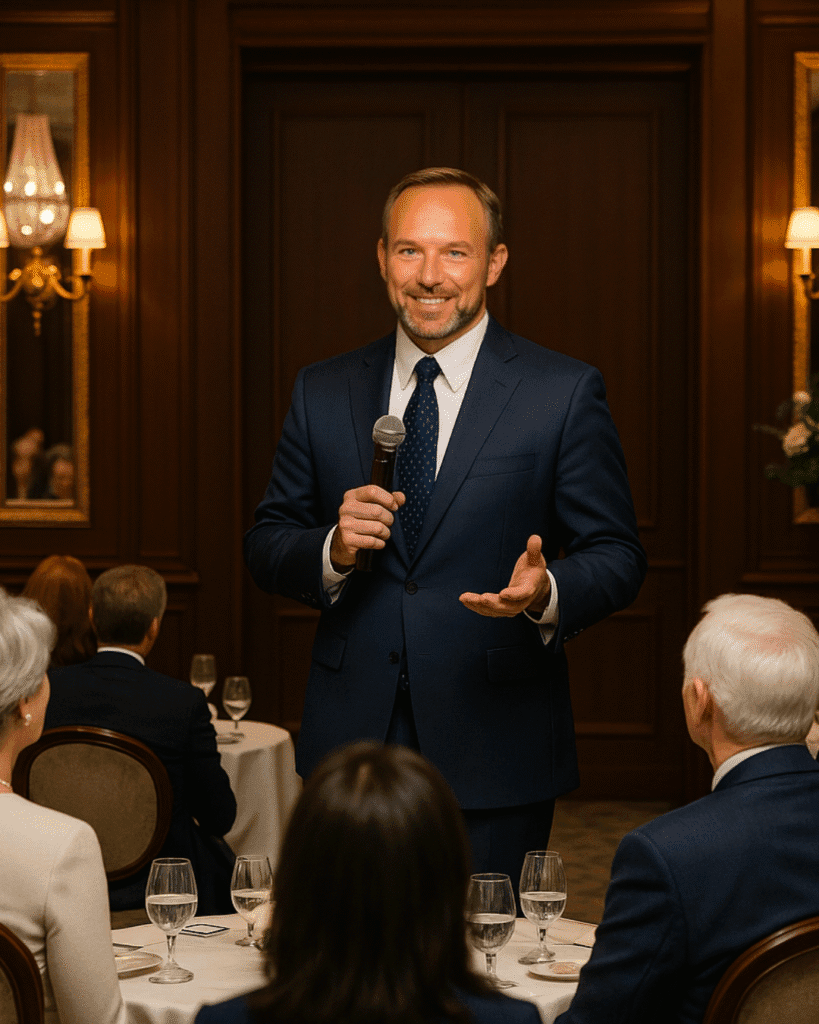 Financial Services 3 Roger Fishel, financial advisor, speaking confidently to retirees at an educational dinner event about retirement and financial planning.