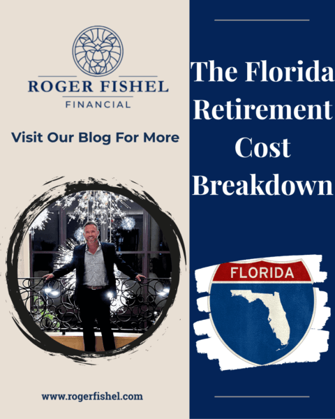 Home 1 Promotional graphic for Roger Fishel Financial featuring a smiling man in a suit standing on a balcony with decorative lights behind him. The design includes the Roger Fishel Financial logo, a Florida highway style emblem, and text that says The Florida Retirement Cost Breakdown along with the website rogerfishel.com.
