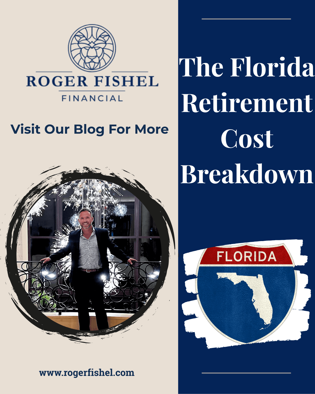 Promotional graphic for Roger Fishel Financial featuring a smiling man in a suit standing on a balcony with decorative lights behind him. The design includes the Roger Fishel Financial logo, a Florida highway style emblem, and text that says The Florida Retirement Cost Breakdown along with the website rogerfishel.com.
