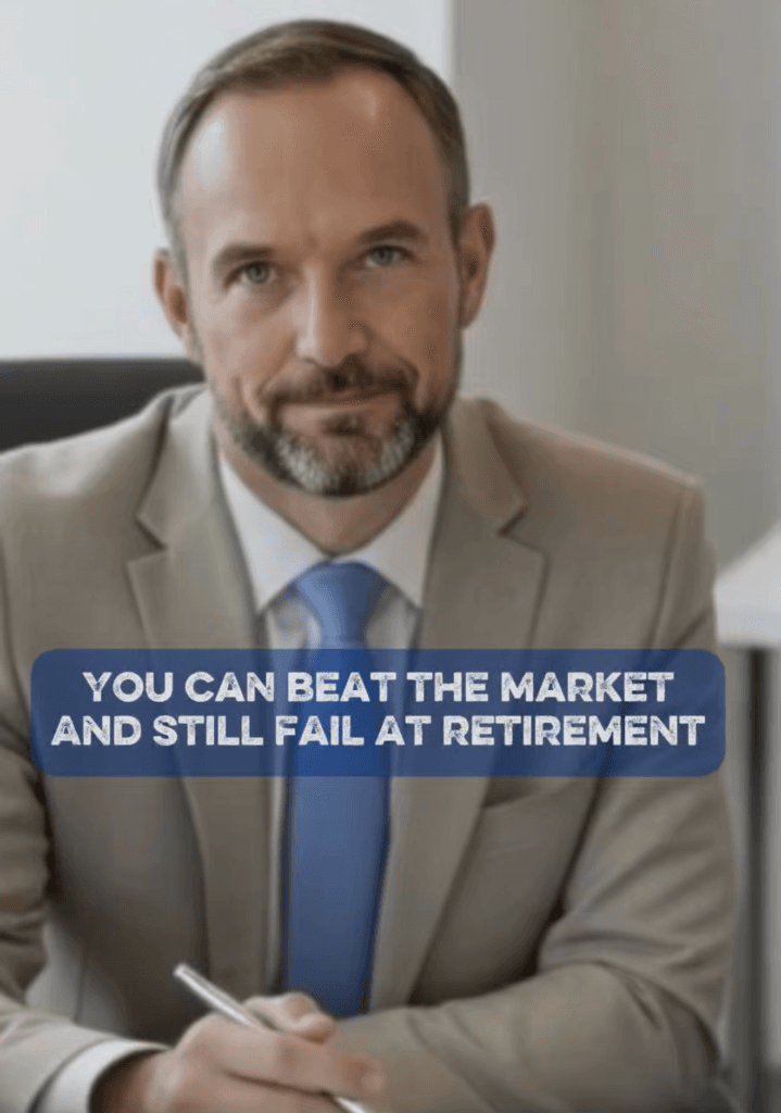 Financial advisor sitting confidently with on screen text reading You Can Beat the Market and Still Fail at Retirement, highlighting retirement planning risk and income strategy beyond investment returns.