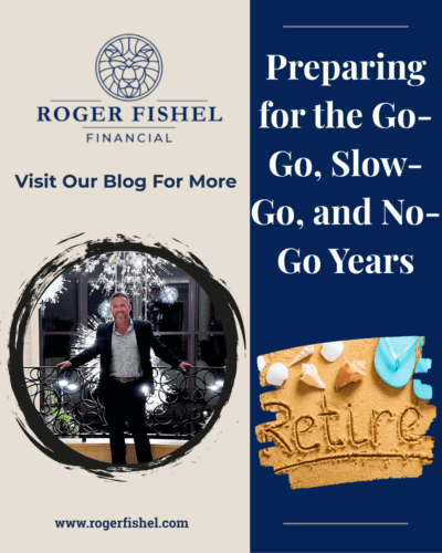 Graphic for Roger Fishel Financial promoting a Florida retirement planning blog about preparing for the Go Go, Slow Go, and No Go years, featuring a professional portrait and retirement themed imagery.