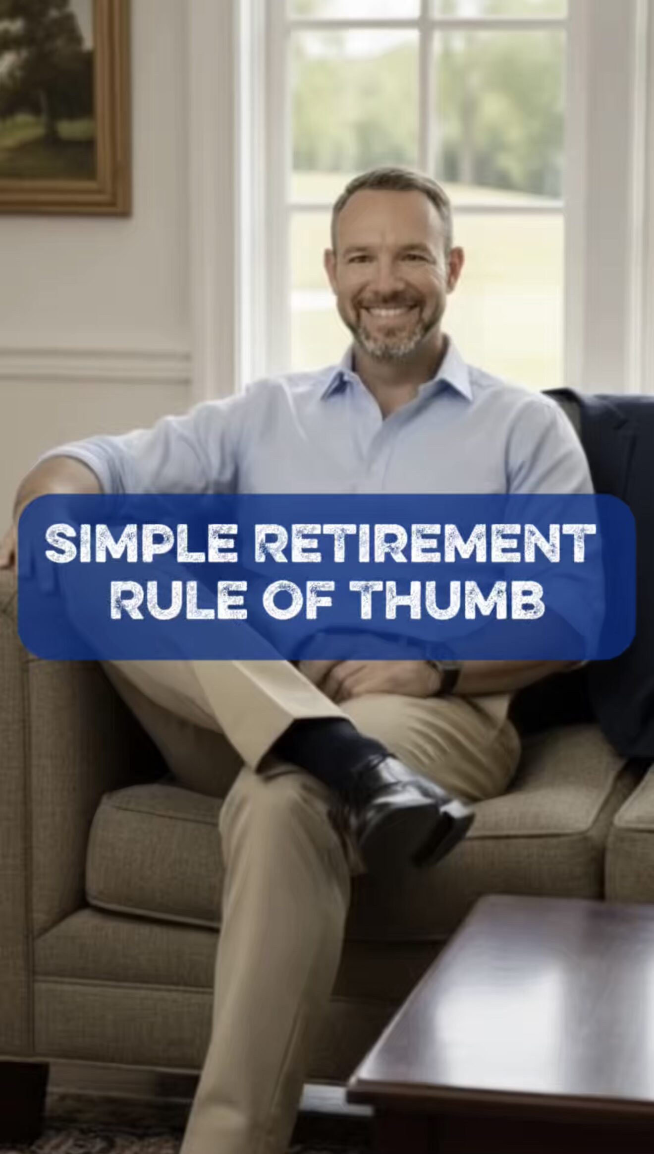 Financial advisor sitting on a couch, ready to explain a simple retirement rule of thumb