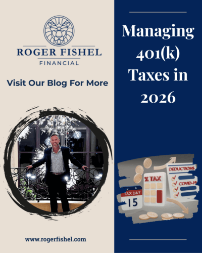 Financial advisor standing in front of decorative lighting next to text reading “Managing 401(k) Taxes in 2026,” representing educational content on retirement tax planning.