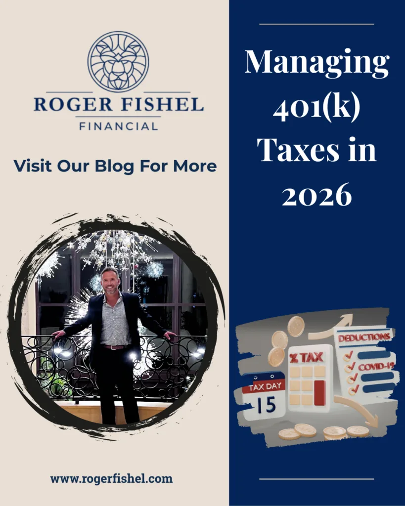 Financial advisor standing in front of decorative lighting next to text reading “Managing 401(k) Taxes in 2026,” representing educational content on retirement tax planning.