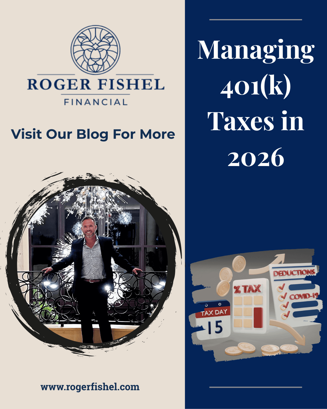 Financial advisor standing in front of decorative lighting next to text reading “Managing 401(k) Taxes in 2026,” representing educational content on retirement tax planning.