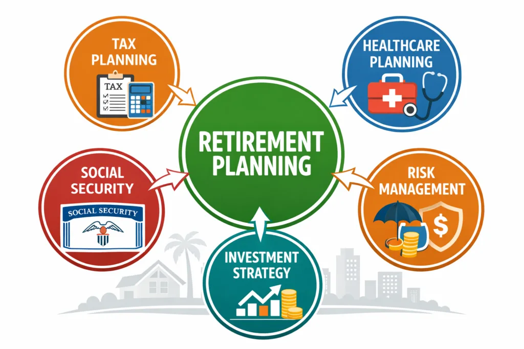 Integrated retirement planning infographic showing Retirement Planning connected to Healthcare Planning, Tax Planning, Social Security, and Risk Management for Orlando and Central Florida families.