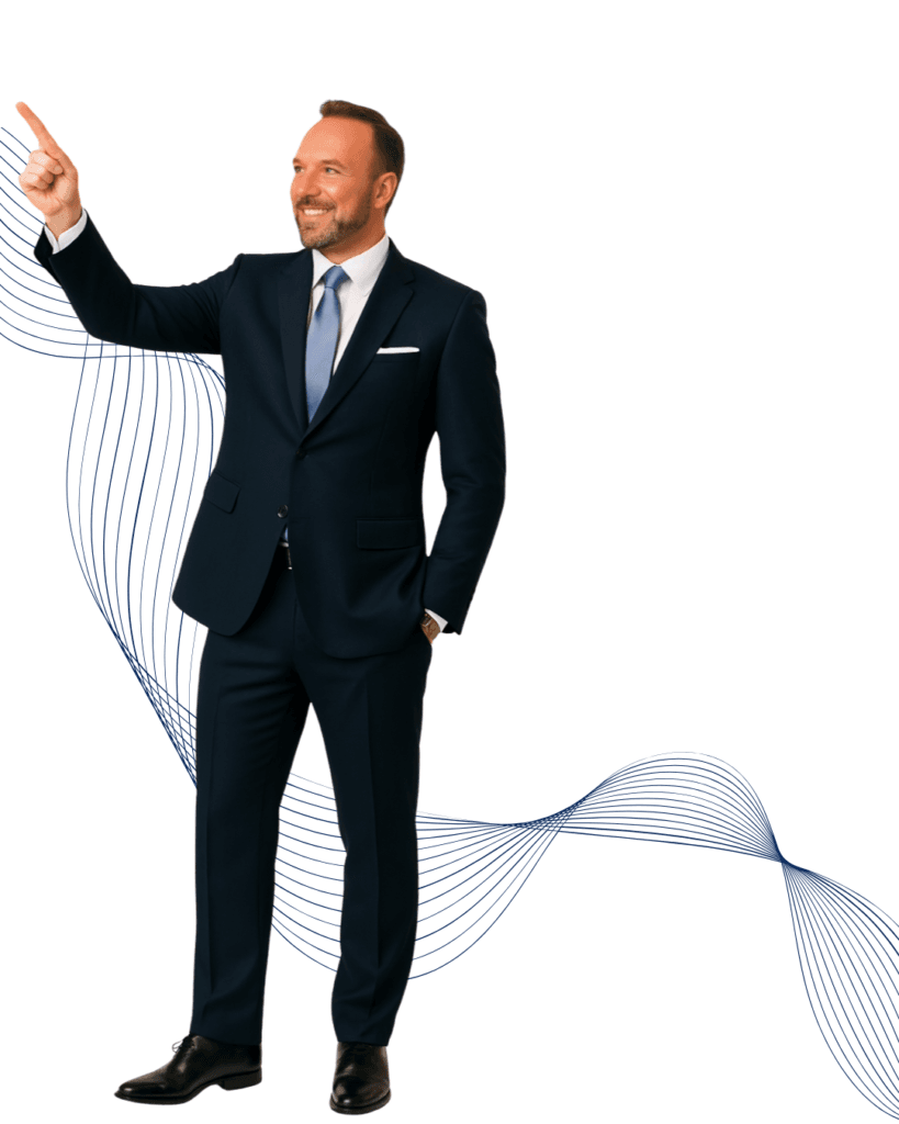 Roger Fishel, Orlando retirement planner and financial advisor, pointing upward in navy suit on light background