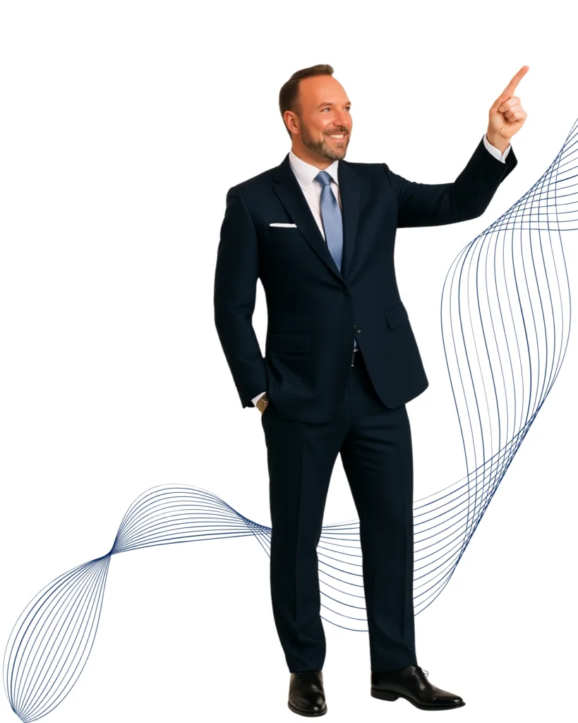 Roger Fishel, Orlando retirement planner and insurance advisor, pointing upward in navy suit on light background