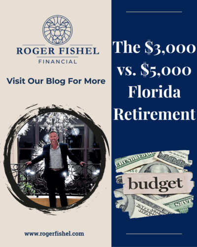 Roger Fishel Financial blog post graphic titled 'The $3,000 vs. $5,000 Florida Retirement' featuring Roger Fishel and retirement budget planning imagery with 100 dollar bills.