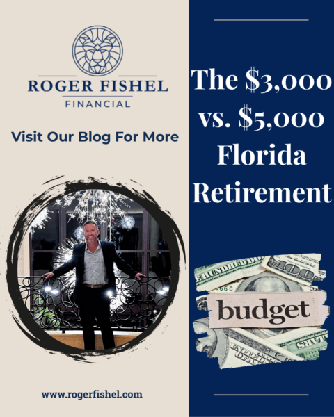 Home 1 Roger Fishel Financial blog post graphic titled 'The $3,000 vs. $5,000 Florida Retirement' featuring Roger Fishel and retirement budget planning imagery with 100 dollar bills.