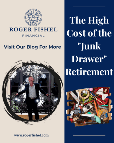 Roger Fishel Financial blog graphic titled “The High Cost of the Junk Drawer Retirement” featuring a cluttered drawer and Roger Fishel