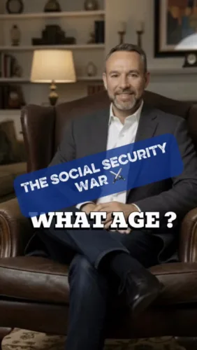 A man in a suit sits in a leather chair in a library setting. A blue banner across his chest reads "THE SOCIAL SECURITY WAR" with two crossed swords, and below it, large white text asks "WHAT AGE?
