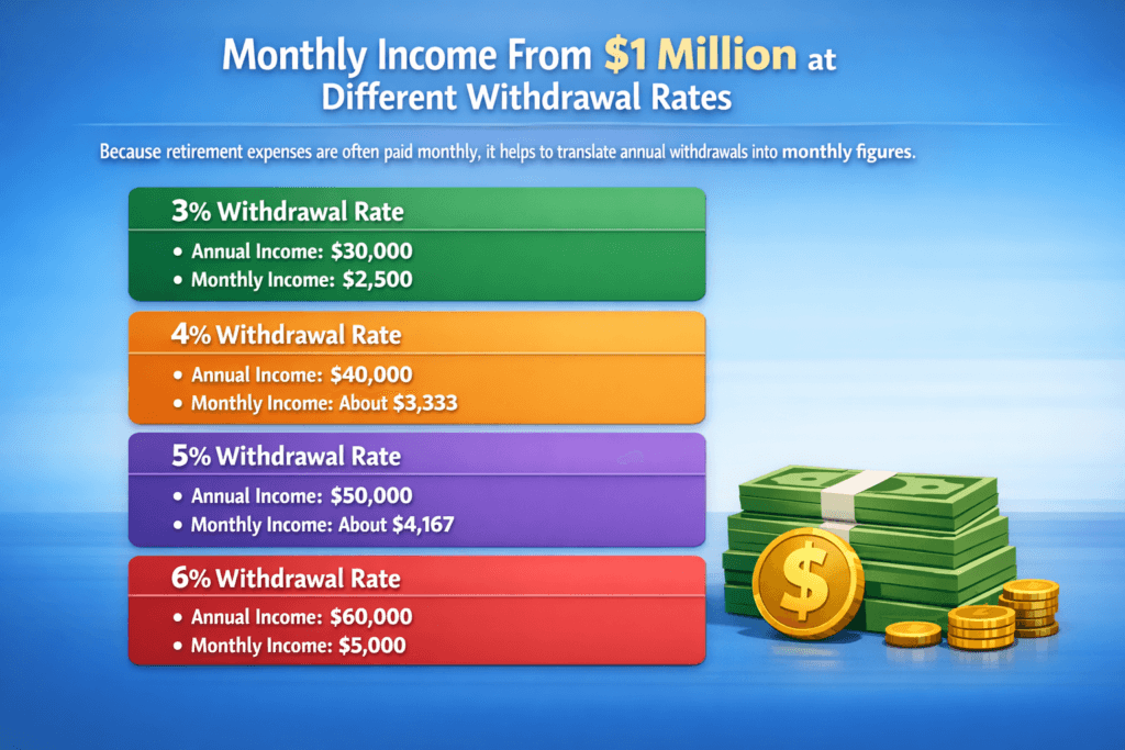 How Much Income Will $1 Million Generate in Retirement? 1 Chart showing monthly income generated from a $1 million retirement portfolio at different withdrawal rates: 3% equals $30,000 annually or $2,500 monthly; 4% equals $40,000 annually or about $3,333 monthly; 5% equals $50,000 annually or about $4,167 monthly; 6% equals $60,000 annually or $5,000 monthly.