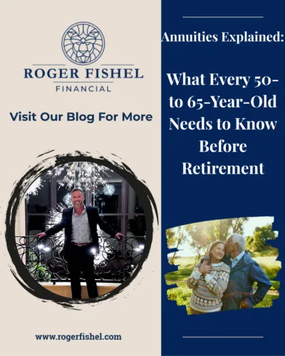 Promotional graphic for Roger Fishel Financial blog titled “Annuities Explained: What Every 50 to 65 Year Old Needs to Know Before Retirement,” featuring Roger Fishel and a retirement aged couple.