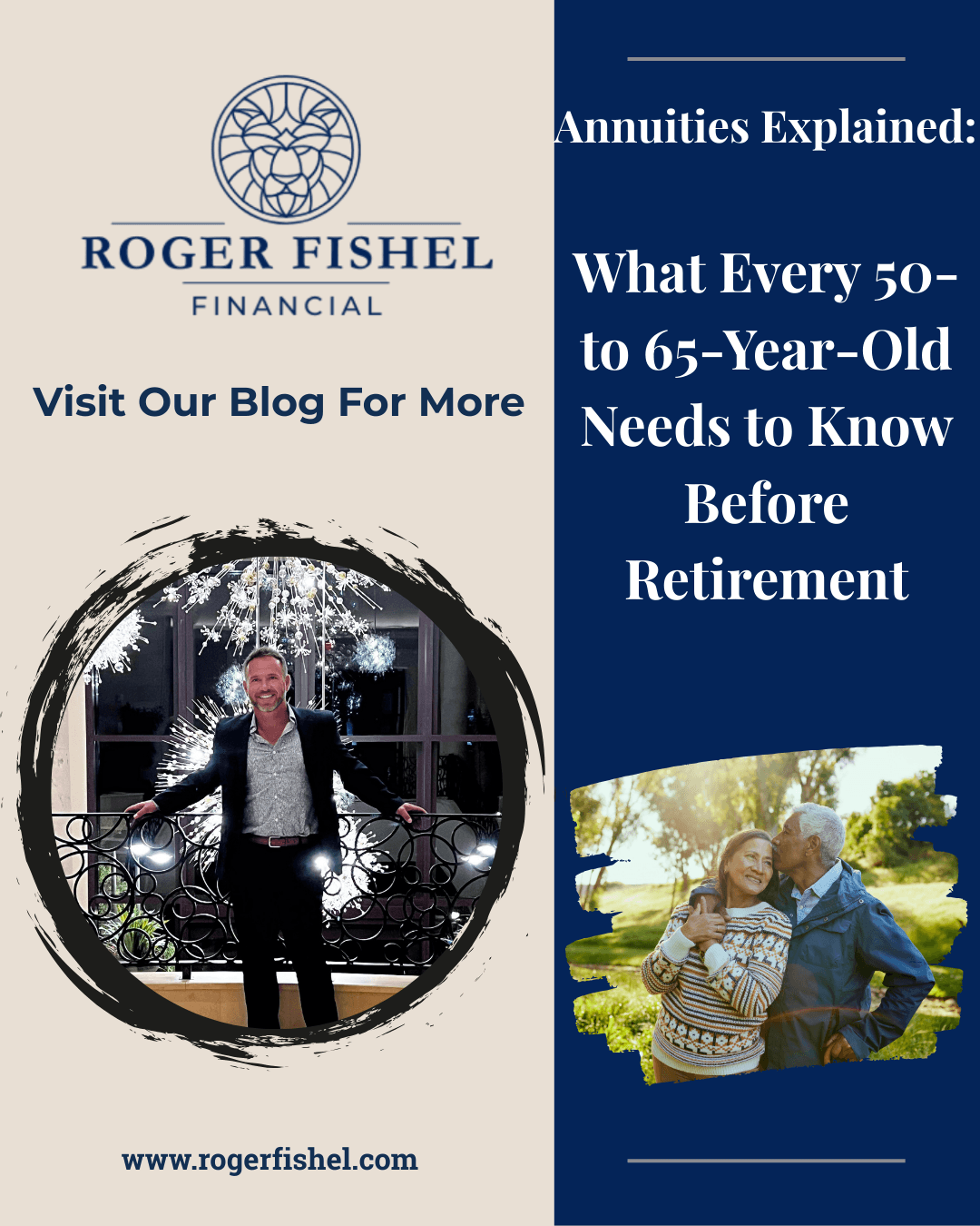 Promotional graphic for Roger Fishel Financial blog titled “Annuities Explained: What Every 50 to 65 Year Old Needs to Know Before Retirement,” featuring Roger Fishel and a retirement aged couple.