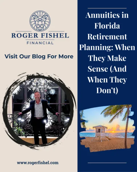 Roger Fishel Financial graphic promoting annuities in Florida retirement planning with advisor portrait and Florida beach sunset