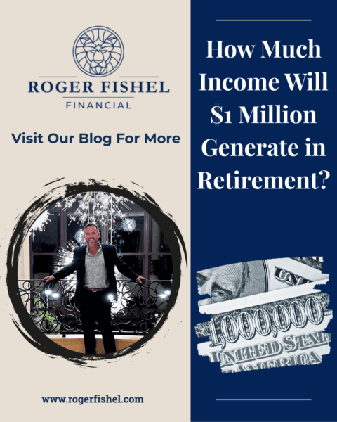 Branded Roger Fishel Financial blog graphic with the headline &ldquo;How Much Income Will $1 Million Generate in Retirement?&rdquo; featuring the Roger Fishel Financial logo, a full-body photo of Roger standing indoors, a torn-paper style image of a one million dollar bill