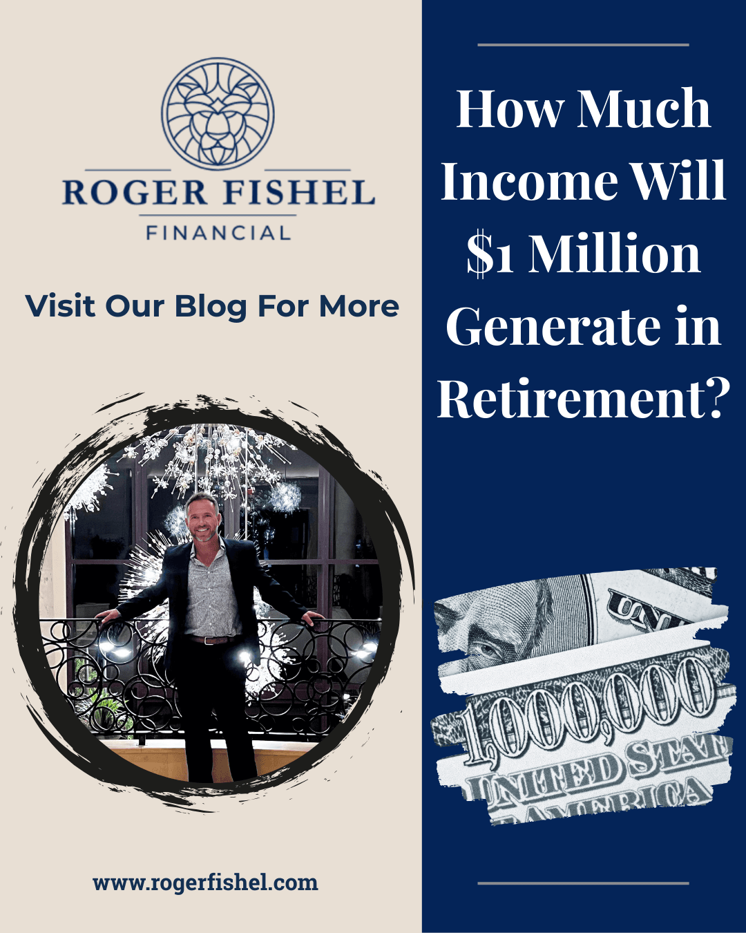 Branded Roger Fishel Financial blog graphic with the headline “How Much Income Will $1 Million Generate in Retirement?” featuring the Roger Fishel Financial logo, a full-body photo of Roger standing indoors, a torn-paper style image of a one million dollar bill
