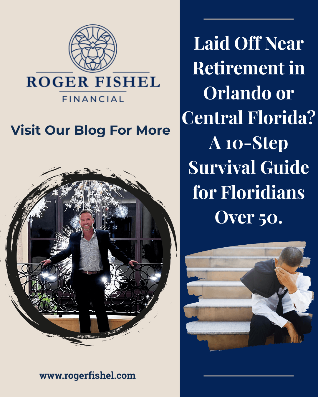 Graphic promoting a blog post titled “Laid Off Near Retirement in Orlando or Central Florida? A 10-Step Survival Guide for Floridians Over 50” featuring the Roger Fishel Financial logo, a photo of Roger Fishel, and an image of a stressed man sitting on stairs.