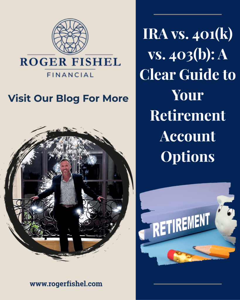 Roger Fishel, founder of Roger Fishel Financial in Orlando Florida, standing confidently in a blazer beside the Roger Fishel Financial lion logo and a retirement account comparison graphic titled IRA vs 401k vs 403b A Clear Guide to Your Retirement Account Options at rogerfishel.com