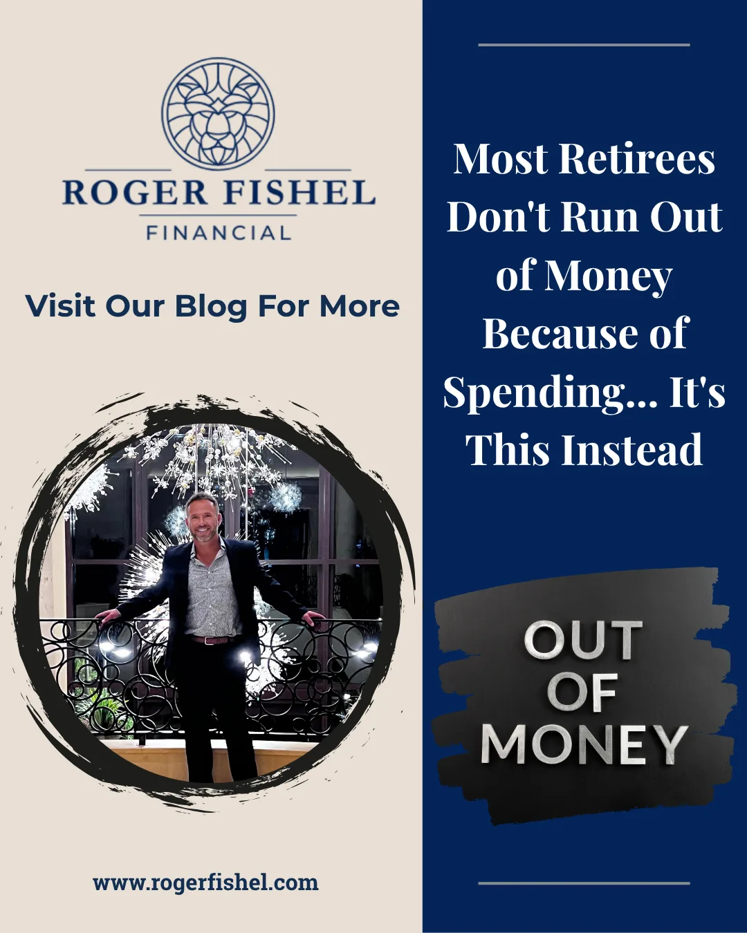 Roger Fishel Financial blog graphic explaining why retirees don’t run out of money due to spending but because of hidden retirement risks like market timing and taxes