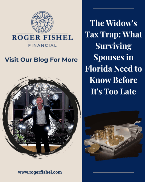 Roger Fishel Financial blog post cover for The Widow's Tax Trap: What Surviving Spouses in Florida Need to Know Before It's Too Late, featuring Roger Fishel and a gold coin mouse trap illustration