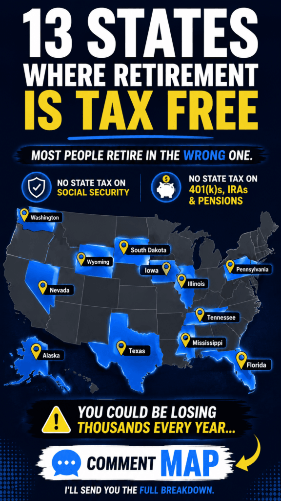 Infographic map showing 13 states where retirement is tax-free in 2026, with no state tax on Social Security, 401(k)s, IRAs, and pensions.