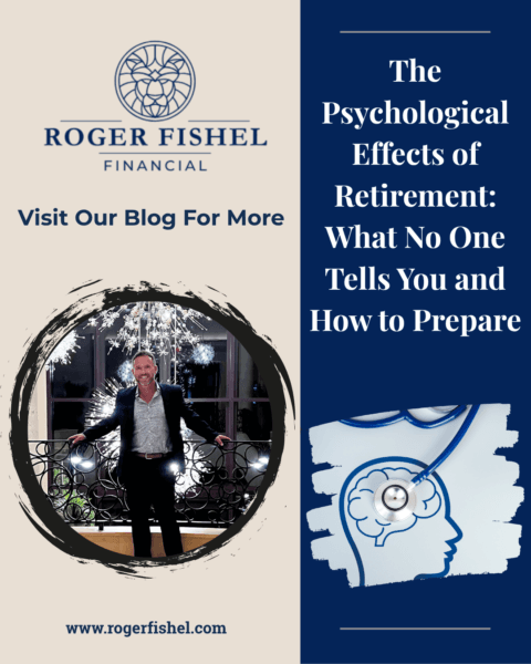 Infographic promoting a Roger Fishel Financial blog post about the psychological effects of retirement, featuring the firm logo, a photo of Roger Fishel, and a brain and stethoscope illustration on a navy blue background.